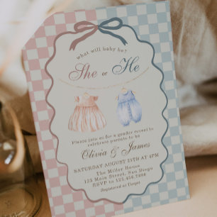 She or He Checkered Clothesline Gender Reveal Invitation