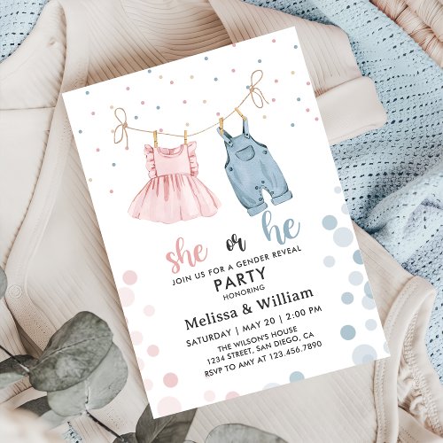 She or He Clothes Gender Reveal Baby Shower Invitation