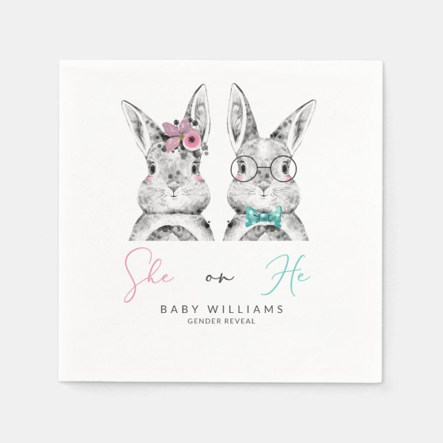She or He Pink & Blue Bunny Gender Reveal Napkins (Front)