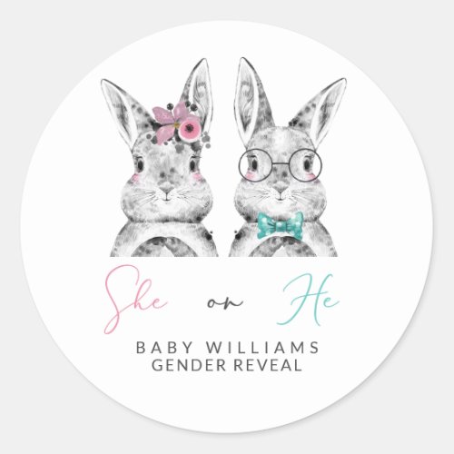She or He Pink  Blue Bunny Gender Reveal Shower Classic Round Sticker