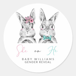 She or He Pink & Blue Bunny Gender Reveal Shower Classic Round Sticker