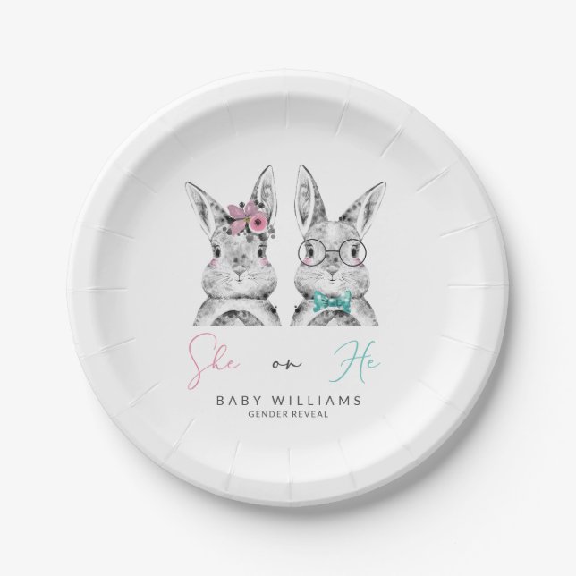 She or He Pink & Blue Bunny Gender Reveal Shower Paper Plates (Front)