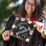 She Persisted | Custom Class Year Graduation Cap Topper<br><div class="desc">Cute grad cap topper features "nevertheless,  she persisted" in white brush script lettering on a black background adorned with pink watercolor flowers and green foliage. Personalize with your class year.</div>
