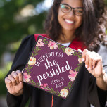 She Persisted | Custom Class Year Graduation Cap Topper<br><div class="desc">Cute grad cap topper features "nevertheless,  she persisted" in white brush script lettering on a vibrant plum purple background adorned with pink watercolor flowers and green foliage. Personalize with your class year.</div>