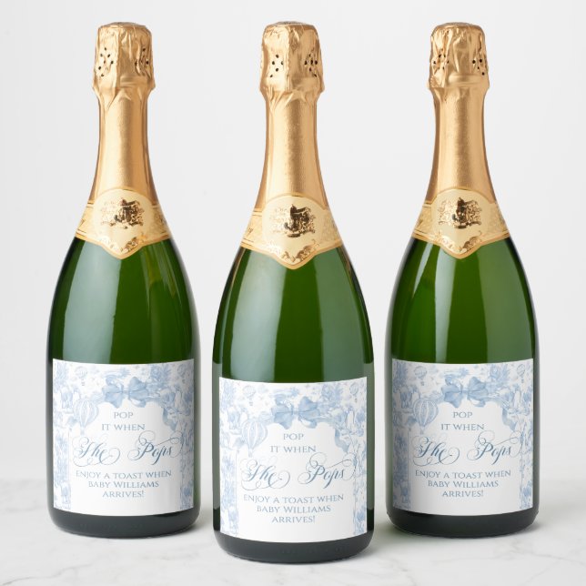 She Pops Blue Toile Safari Animal Baby Shower Sparkling Wine Label (Bottles)