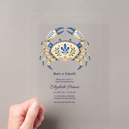She’s a Catch Amalfi Coast Crab Bachelorette Acrylic Invitations