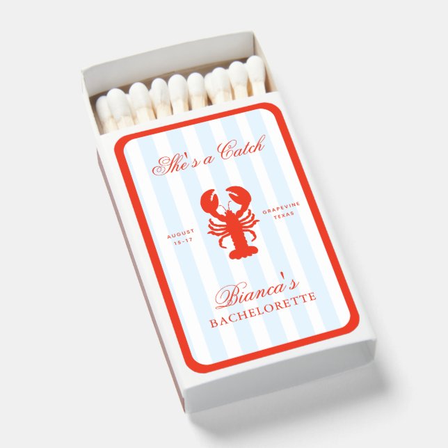 She’s a Catch Lobster Red Blue Bachelorette Favor Matchboxes (Front Open)
