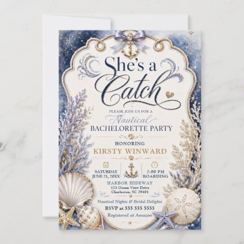 She’s a Catch Navy Coastal Bachelorette Party Invitation