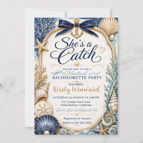 She’s a Catch Navy Nautical Bachelorette Party Invitation