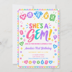 She’s a Gem Colorful Gemstone First Birthday Invitation
