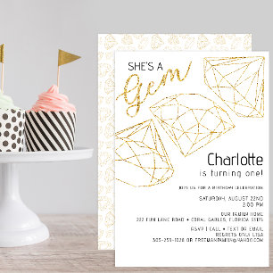 She’s a Gem Glitter Gold First Birthday Invite