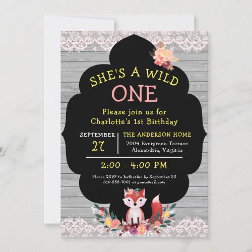 Shes A Wild ONE Fox And Flowers Birthday Invitation