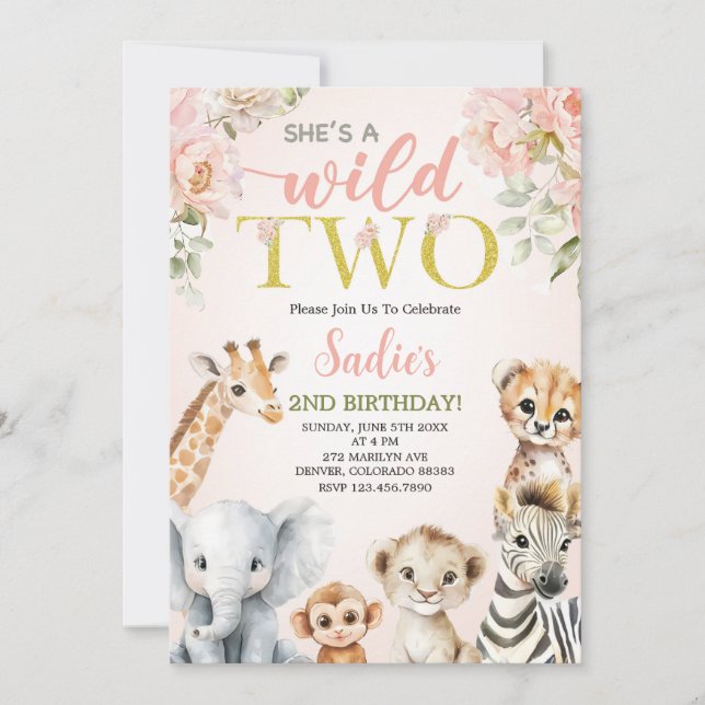 She’s a Wild Two Floral Safari Girl 2nd Birthday Invitation (Front)