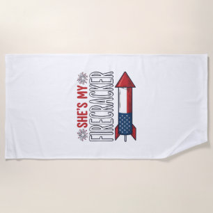 She’s My Firecracker Patriotic Couple Design_1 Beach Towel