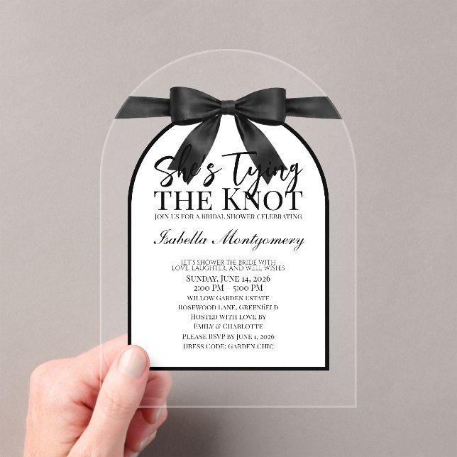 She’s Tying the Knot Black Palette Bow Acrylic Invitations (Insitu (Handheld))