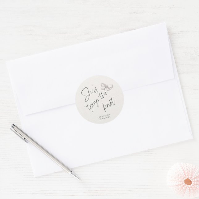 She’s tying the knot bridal shower classic round sticker (Envelope)