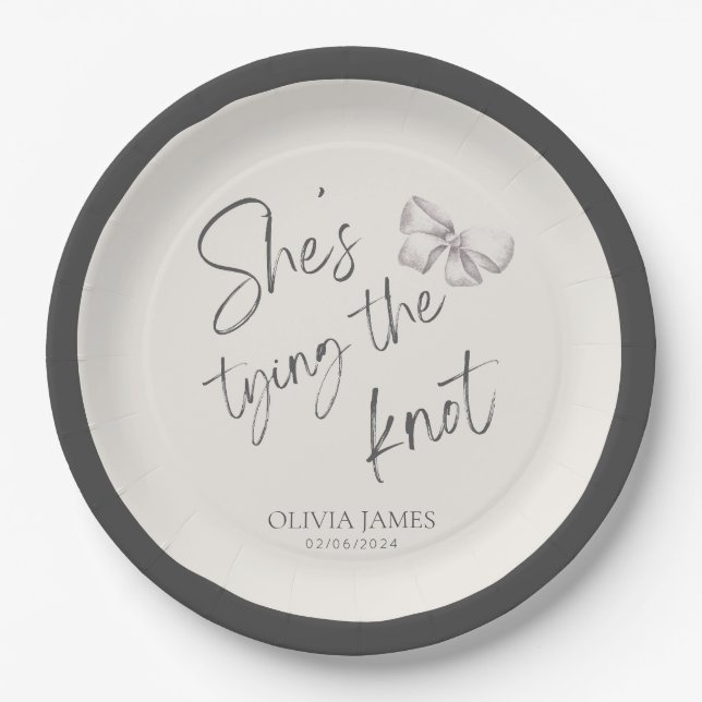 She’s tying the knot bridal shower paper plates (Front)