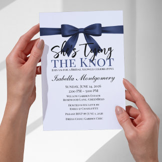 She’s Tying the Knot Theme Navy Blue Bow Invitation