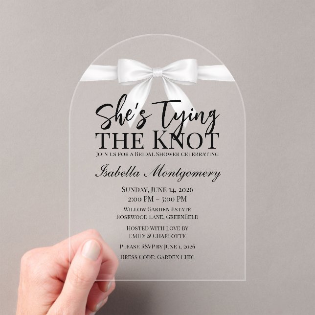 She’s Tying the Knot Theme White Bow Acrylic Invitations (Insitu (Handheld))