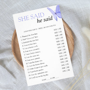 She said He said Bridal Shower Game Butterfly Flyer