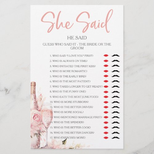 She Said He Said  Bridal Shower Party Game