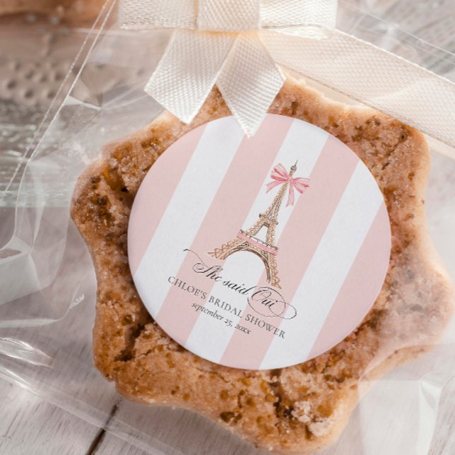 She said Oui Paris Bow Eiffel Tower BRIDAL SHOWER Classic Round Sticker (Creator Uploaded)