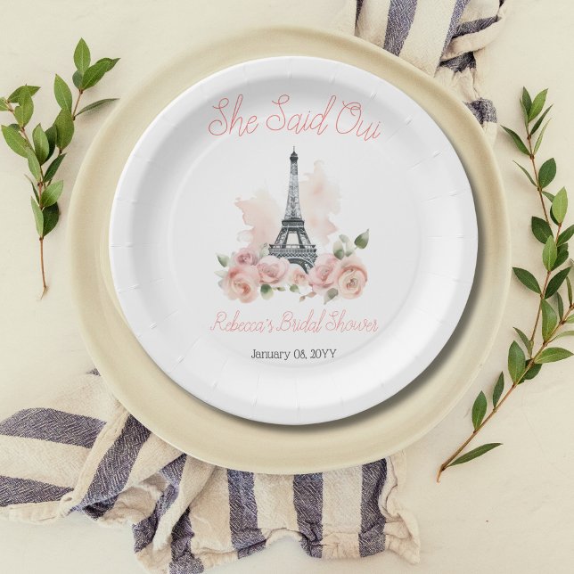 She Said Oui Parisian Pink Floral Bridal Shower Paper Plates (Creator Uploaded)