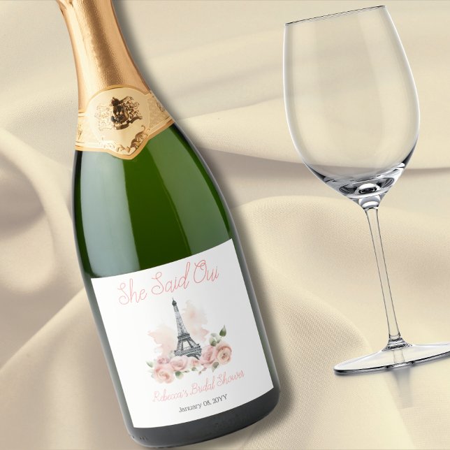 She Said Oui Parisian Pink Floral Bridal Shower Sparkling Wine Label (Creator Uploaded)