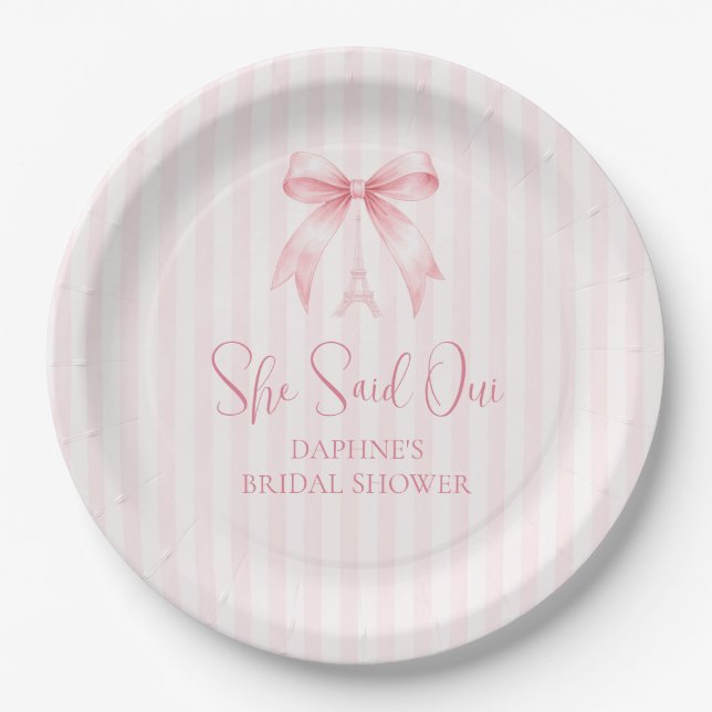 She Said Oui Pink Bow Bridal Shower Paper Plates (Front)