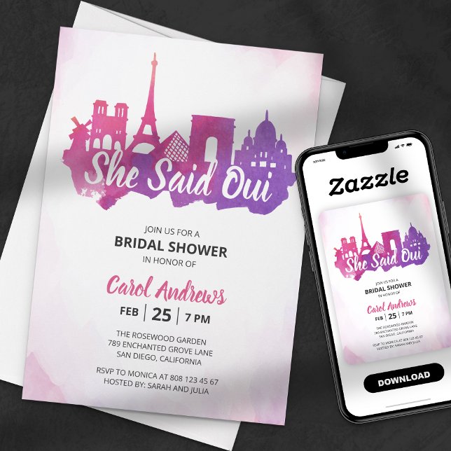 She Said Oui! Watercolor Parisian Bridal Shower Invitation (Creator Uploaded)