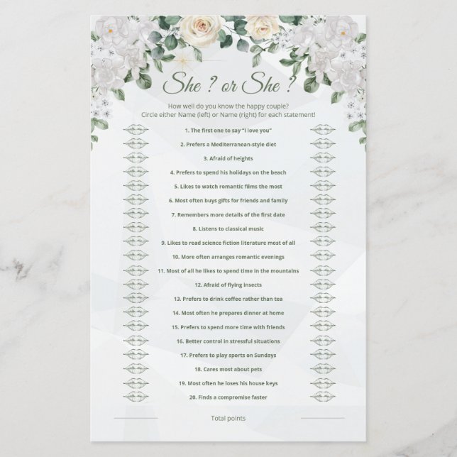 She Said, She Said Cute Wedding Game Printable (Front)