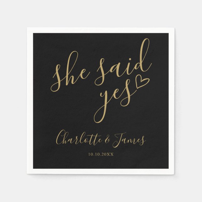 She Said Yes Black And Gold Engagement Party Napkins (Front)