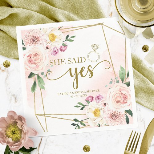 She Said Yes Blush Floral Geometric Bridal Shower Napkins