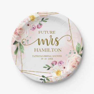 She Said Yes Blush Floral Geometric Bridal Shower Paper Plate