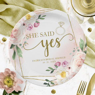 She Said Yes Blush Floral Geometric Bridal Shower Paper Plates