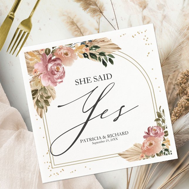 She Said Yes Boho Floral Engagement  Napkins (Creator Uploaded)