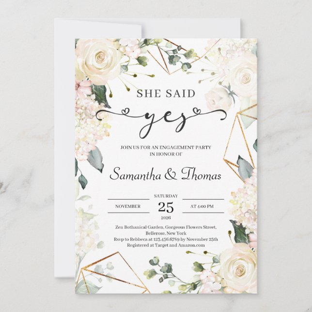 She said yes boho ivory roses greenery engagement invitation (Front)