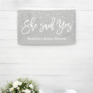 She said yes bridal shower gray silver glitter banner