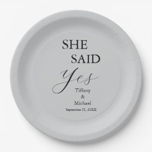 She Said Yes Bridal Shower Grey Paper Plates