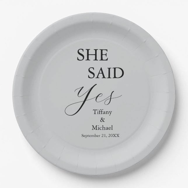 She Said Yes Bridal Shower Grey Paper Plates (Front)