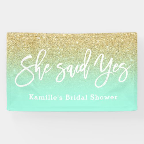 She said yes bridal shower mint chic gold glitter banner