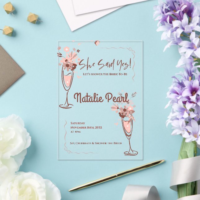 She Said Yes Bride To Be Floral Bridal Shower Acrylic Invitations (Insitu (Wedding))