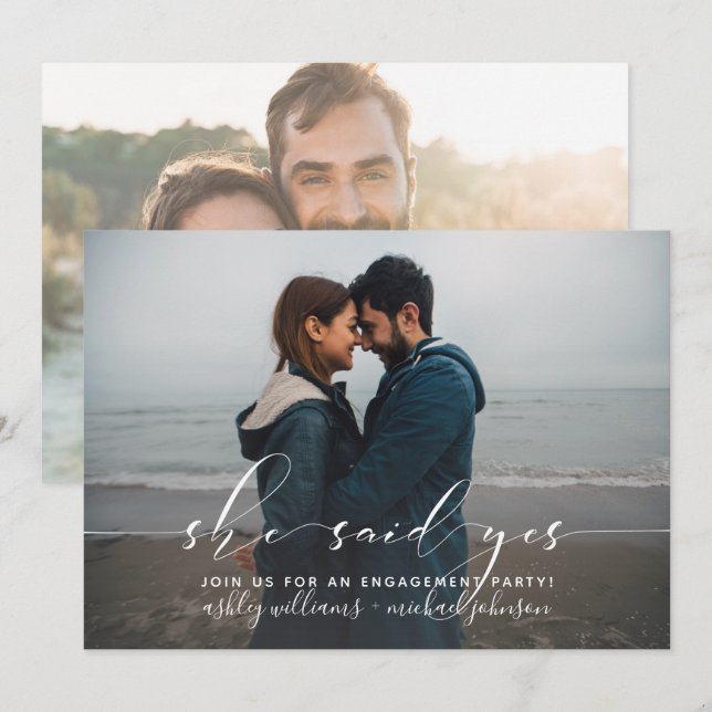 She Said Yes Calligraphy Engagement 2 Photo Invite (Front/Back)