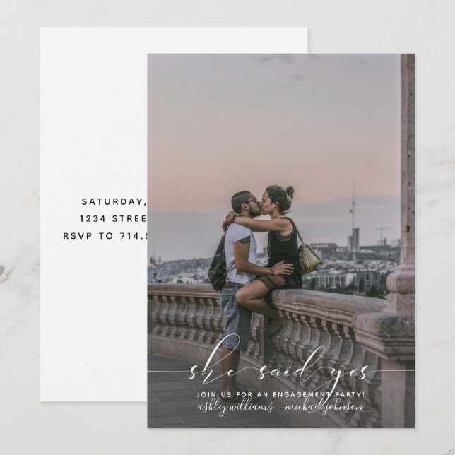 She Said Yes Calligraphy Photo Engagement Party Invitation (Front/Back)