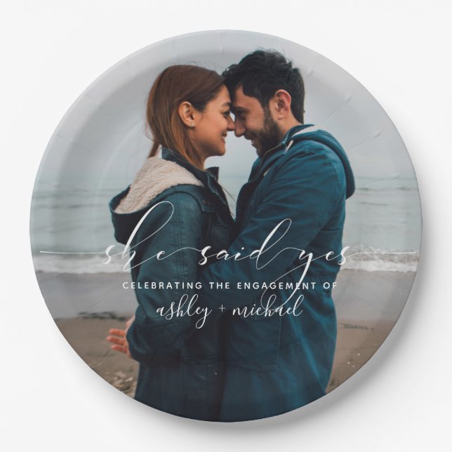 She Said Yes Calligraphy Photo Engagement Party Paper Plates (Front)
