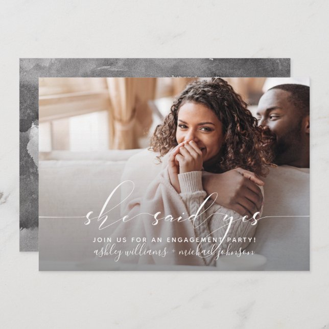 She Said Yes Calligraphy QR Code Engagement Party  Invitation (Front/Back)