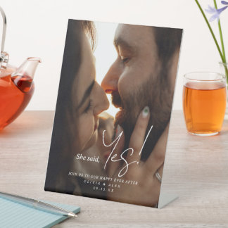 She Said Yes Couple Photo Engagement Sign Pedestal