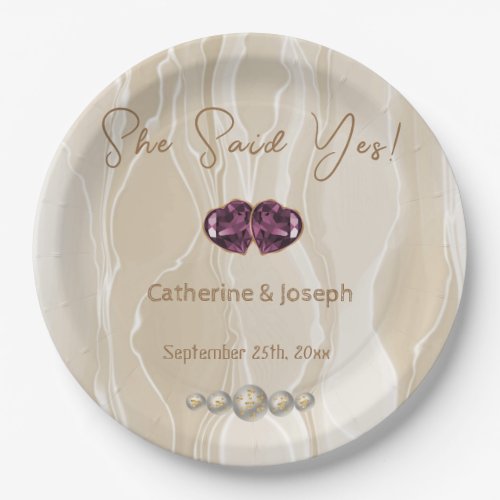 She said Yes Cream Silk  Pearls  Hearts Paper Plates