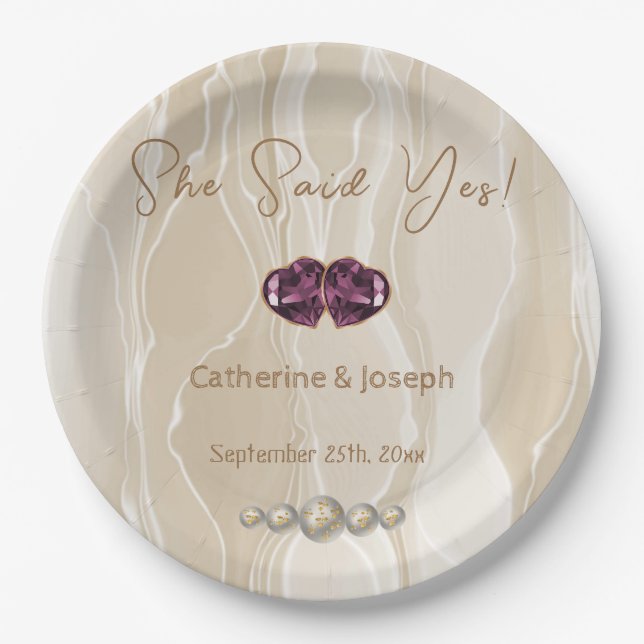 She said Yes, Cream Silk & Pearls & Hearts Paper Plates (Front)