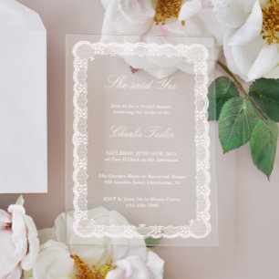She Said Yes Elegant Ivory Lace Bridal Shower Acrylic Invitations